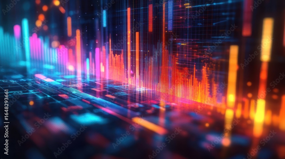 Aufkleber colorful digital data visualization with glowing vertical bars and lines in warm and cool tones repr