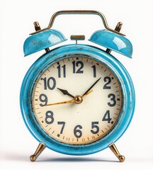 Old-fashioned blue metal twin bell alarm clock with vintage distressed look showing time nine o'clock and ten seconds on white background
