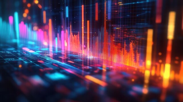 Colorful digital data visualization with glowing vertical bars and lines in warm and cool tones representing abstract technology and data analysis - Powered by Adobe