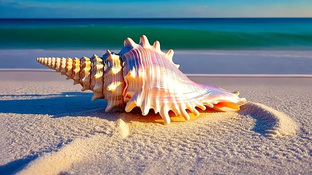 A vibrant seashell resting on a sandy beach with gentle waves and a clear blue sky in the background