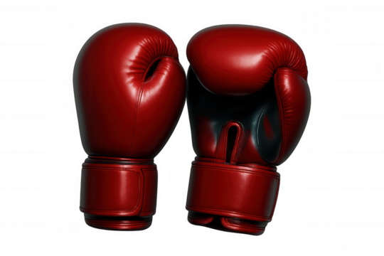 Red boxing gloves hanging against transparent backdrop, symbolizing competitive martial arts - Powered by Adobe