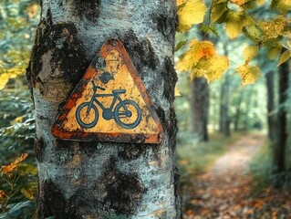 Rusty triangular bicycle sign attached to a tree trunk in a forest with a dirt path and autumn yellow leaves in the background