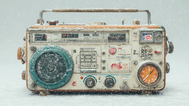 Vintage Radio in Winter: An old radio rests in a wintery scene, with snow flurries adding a touch of magic and nostalgic charm to the scene.