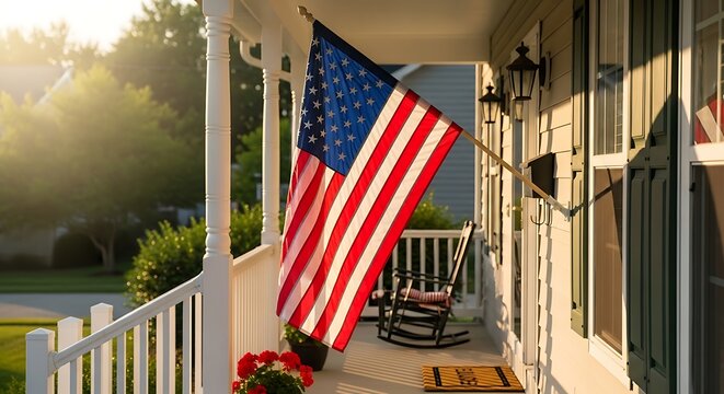 American pride displayed: A patriotic porch scene with the US flag at sunrise