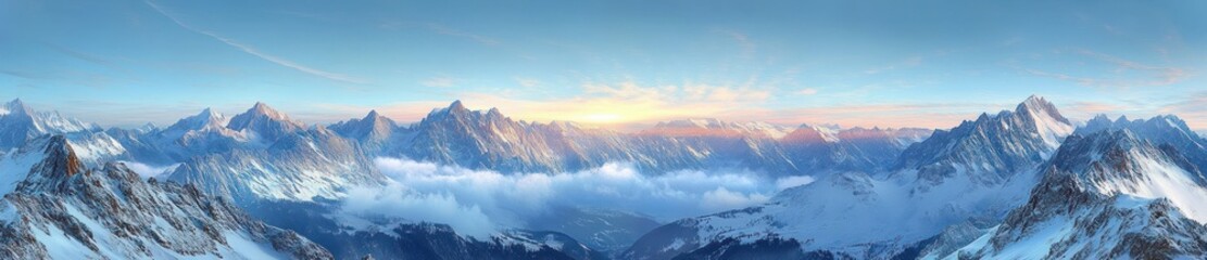 Panoramic view of snow-covered mountain range at sunrise with clear sky and misty valley below