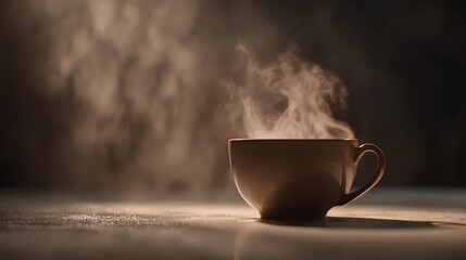 Fototapeta premium Steaming cup of hot beverage on a surface.