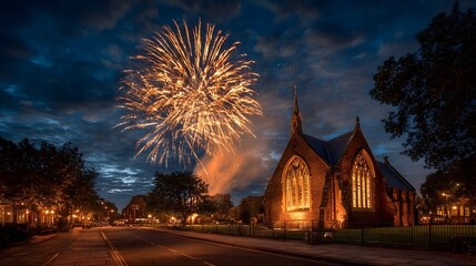 Church with fireworks