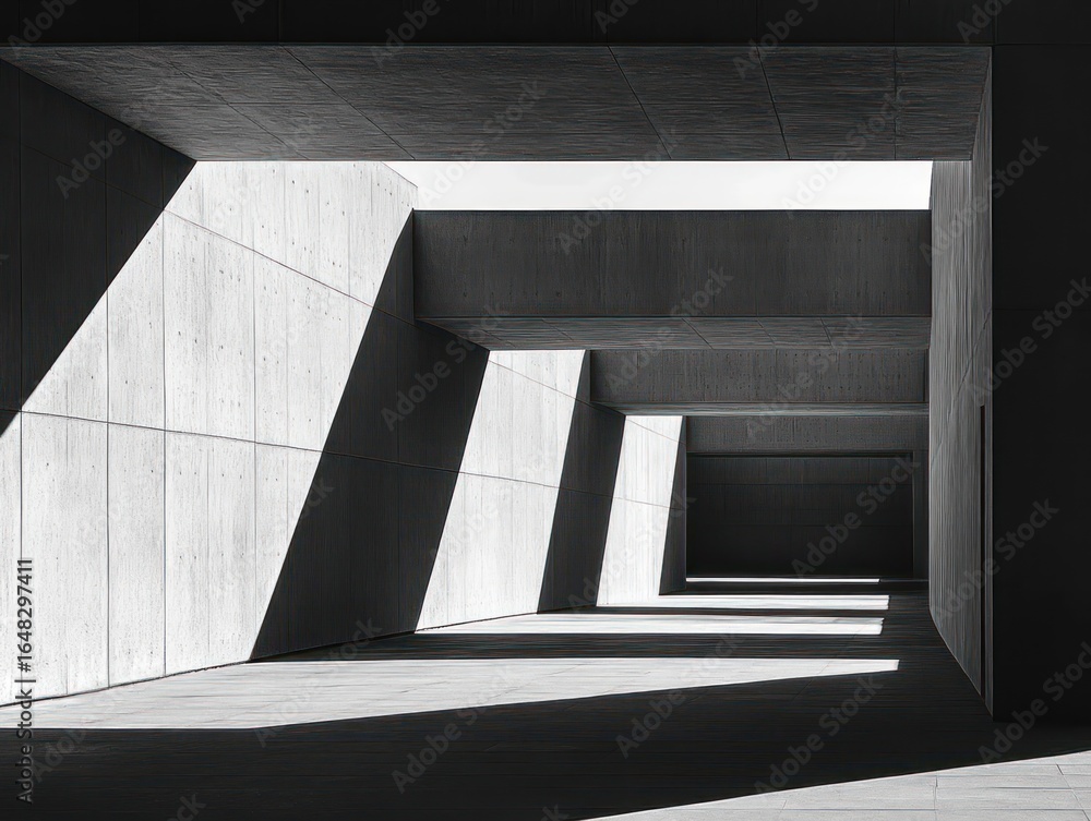 Aufkleber minimalist interior space with geometric concrete beams casting strong angular shadows and light pat