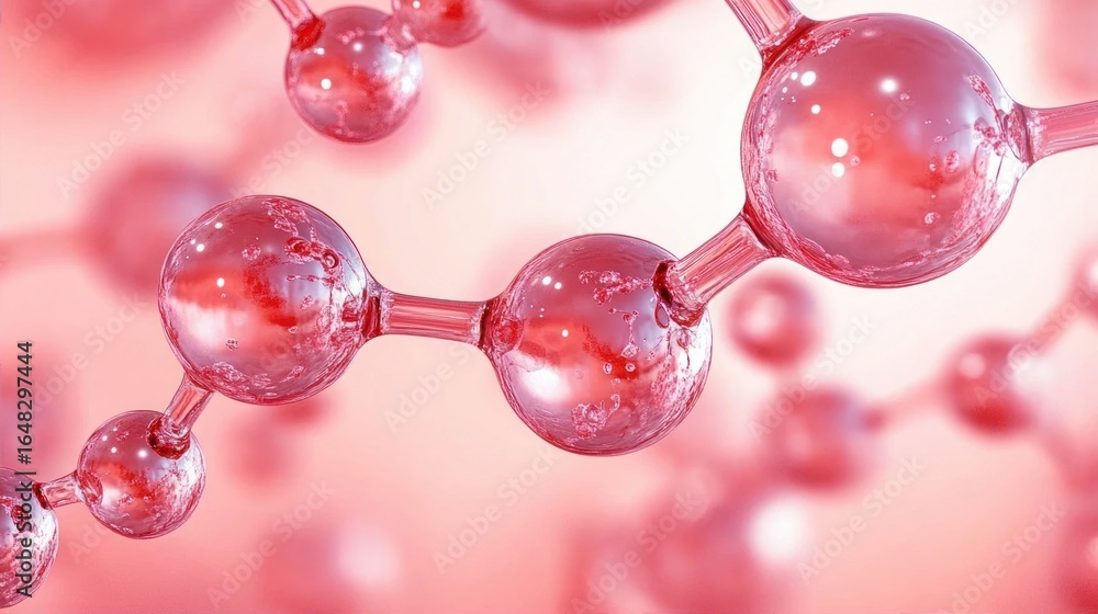 Poster close-up of interconnected transparent spheres resembling a molecular structure with a soft pink and