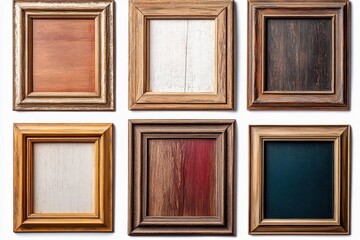Fototapeta premium Six empty wooden picture frames with different wood textures and colors arranged in two rows of three on white background