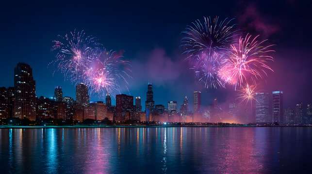 Fireworks over Chicago city skyline at night