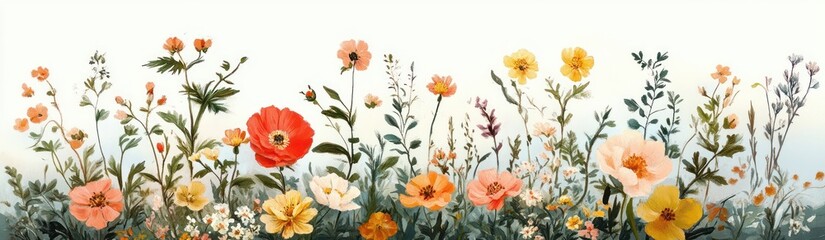 Fototapeta premium A colorful arrangement of wildflowers with orange, yellow, and white blossoms set against a soft gradient background evoking a peaceful and natural atmosphere