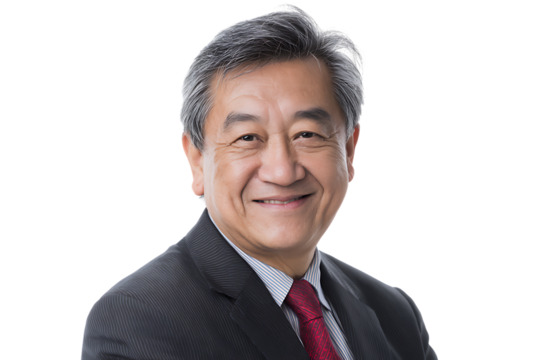 Confident businessman portrait with gray hair in a suit smiling against a white background