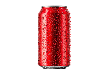 Glossy Red Soda Can with Water Drops Isolated on a Black Background