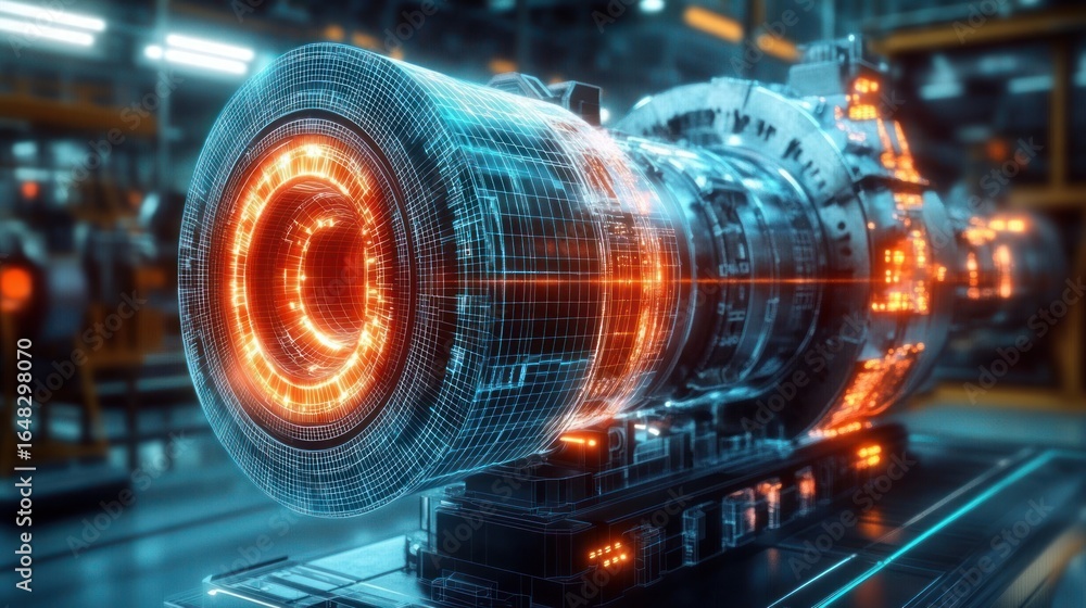 Poster futuristic digital and mechanical hybrid engine concept with glowing orange core and detailed wirefr