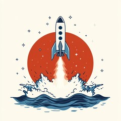 Illustration of a rocket launching vertically from the ocean with fire and splash against a large red circular background surrounded by stars