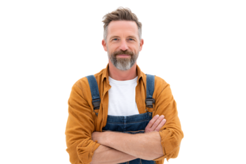 Friendly middle-aged man with beard wearing casual clothing and posing with crossed arms on white background