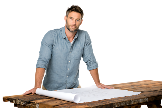 Confident young man reviewing architectural plans on a wooden table in a modern office environment