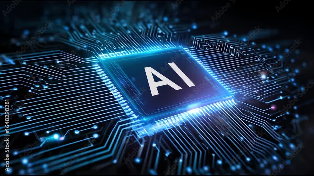 Poster artificial intelligence concept featuring glowing blue microchip and circuit board with futuristic t