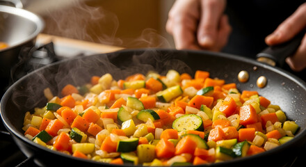 Sizzling Diced Vegetables Stir-Frying in a Hot Pan: A Close-Up of Healthy Home Cooking