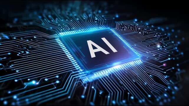 Artificial intelligence concept featuring glowing blue microchip and circuit board with futuristic technology design, digital light effects, electronic components, and advanced digital connections