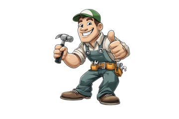 Cheerful cartoon character holding a tool with thumbs up gesture in work overalls and cap on transparent background