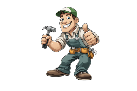 Cheerful cartoon character holding a tool with thumbs up gesture in work overalls and cap on transparent background