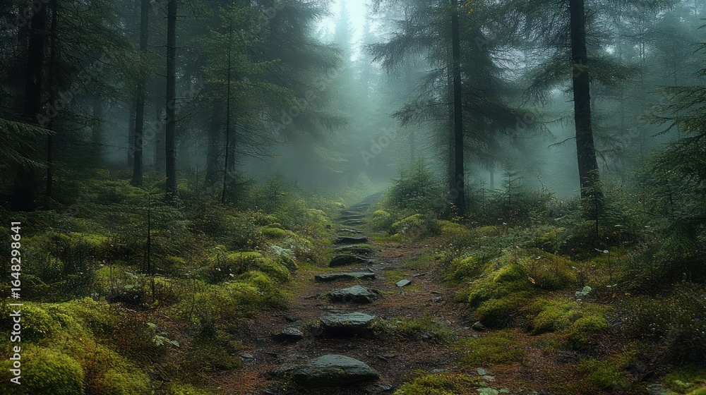 Poster misty forest path lined with tall evergreen trees and lush green moss creating a serene and mysterio