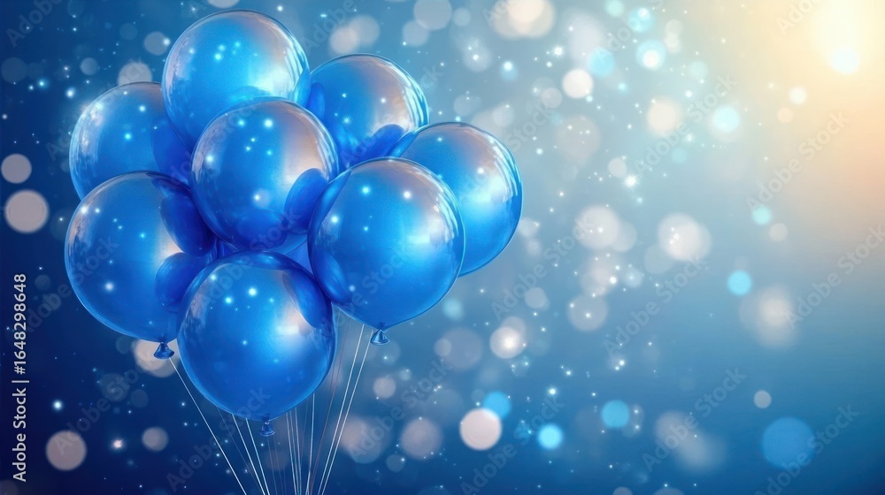 Poster shiny blue balloons clustered together with sparkling light effects on a soft blue and white bokeh b