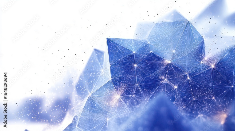 Poster abstract digital landscape featuring interconnected blue geometric shapes with glowing nodes and fin