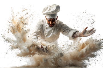 Chef in White Uniform with Hat Creating Flour Explosion in Kitchen Environment Captured in High-Resolution Photography