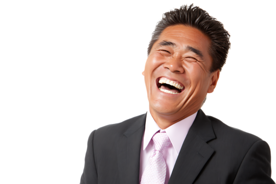 Happy Asian Businessman Laughing Joyfully in Professional Attire with Cheerful Expression Against Black Background