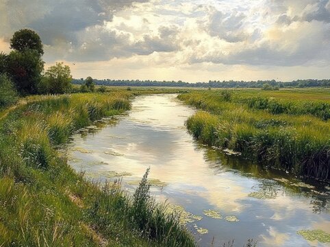 Calm river flowing through lush green marshland under a cloudy sky with soft sunlight reflecting on the water