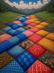 A colorful patchwork path winds through a landscape of hills and sky