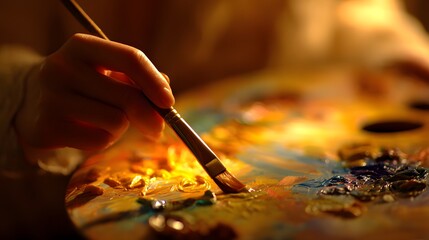 Close-up of a hand holding a paintbrush over a colorful 's palette.