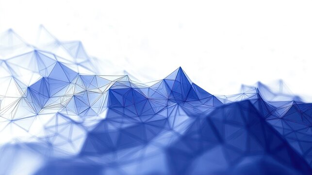 Abstract low poly geometric shapes forming a connected mountainous or wave-like structure in shades of blue on a white background conveying a sense of depth and complexity
