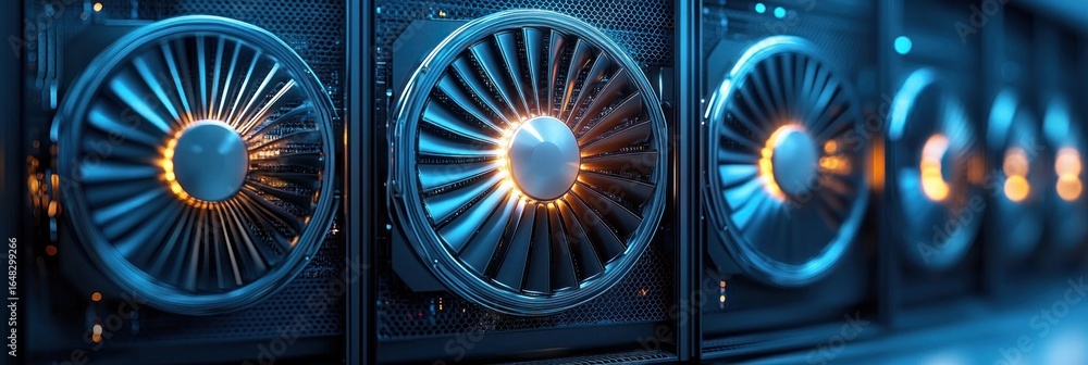 Poster close-up of multiple high-tech cooling fans with glowing orange lights inside a dark, futuristic ser