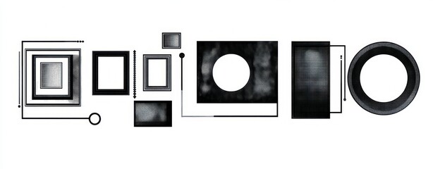 Abstract black and white geometric shapes including squares, rectangles, and circles connected by thin lines on a white background, evoking a modern, minimalistic and technological vibe