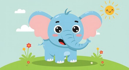 A cartoon elephant standing on green grass with flowers under a smiling sun and white clouds