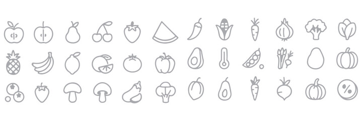Fruits and vegetable icon set. Containing apple, banana, orange, grape, strawberry, watermelon, tomato, cucumber, cauliflower, eggplant, radish, mushroom, and more. Vector illustration 