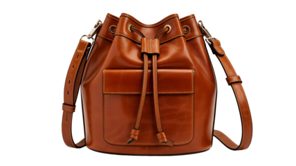 Elegant Cognac Brown Leather Bucket Bag on White Background
