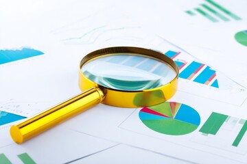 A magnifying glass over charts, representing business analysis and research.