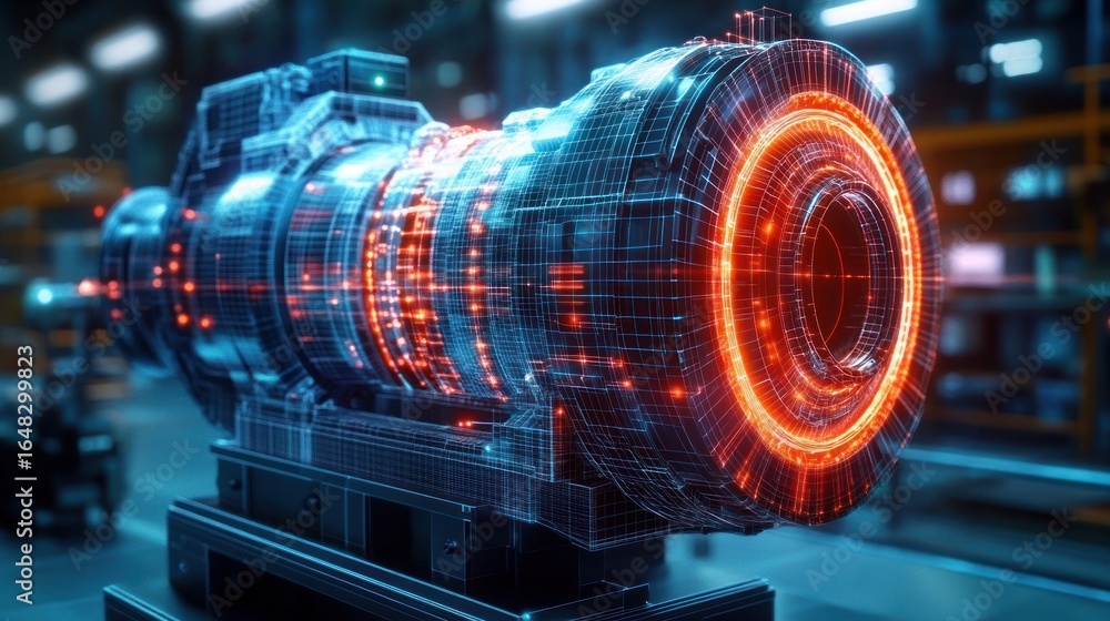 Aufkleber 3d digital wireframe and glowing model of a complex futuristic machine or engine part with illuminat