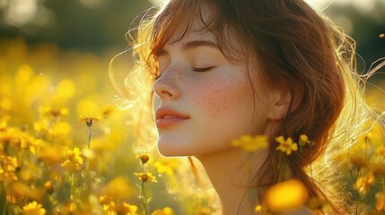 Young woman with closed eyes enjoying a sunlit field of yellow flowers with a serene and peaceful expression