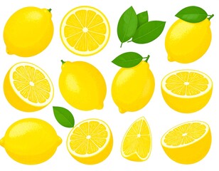 Fototapeta premium Collection of whole and sliced lemons with leaves