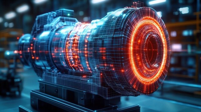 3d digital wireframe and glowing model of a complex futuristic machine or engine part with illuminated core inside a high-tech industrial environment