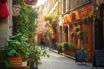 Fototapeta premium Sunlit narrow street with cobblestone pavement lined with buildings decorated with abundant green plants and colorful flowers, couple walking down the street