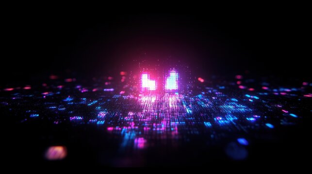 Glowing digital number eight composed of neon pink and blue pixelated lights on a dark abstract background conveying futuristic technology