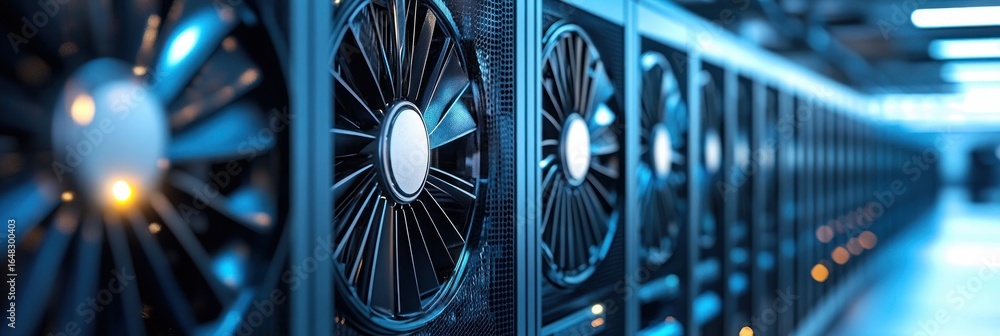 Poster close-up view of large industrial cooling fans in a data center with blue lighting creating a techno