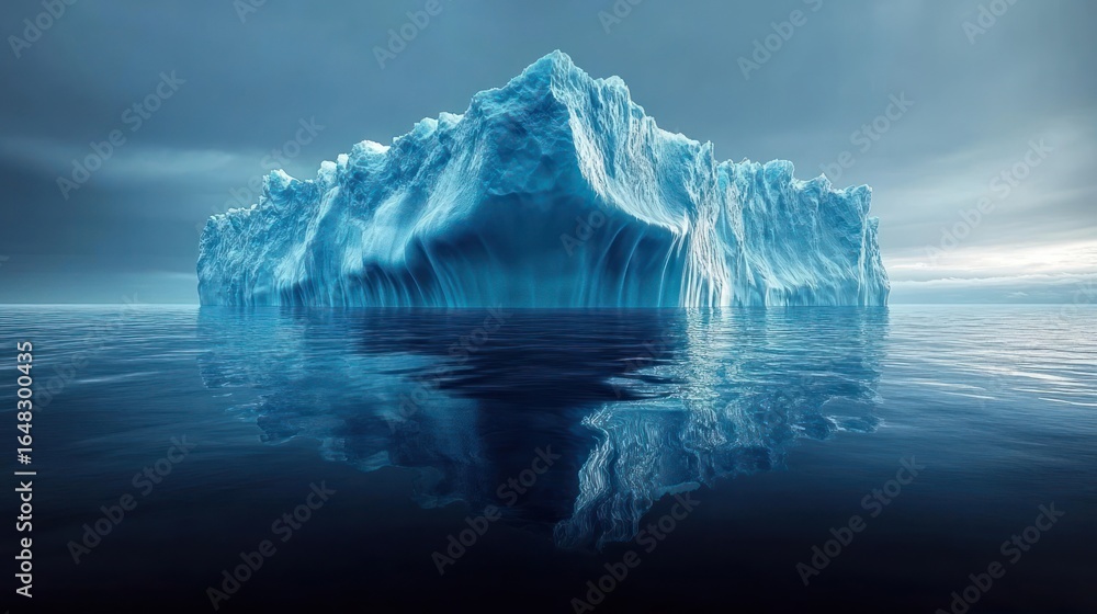Poster massive iceberg floating in calm ocean water under a cloudy sky with clear reflection